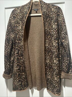 Talbots Leopard Knit Open Cardigan Sweater Jacket in Brown and Black, Size M